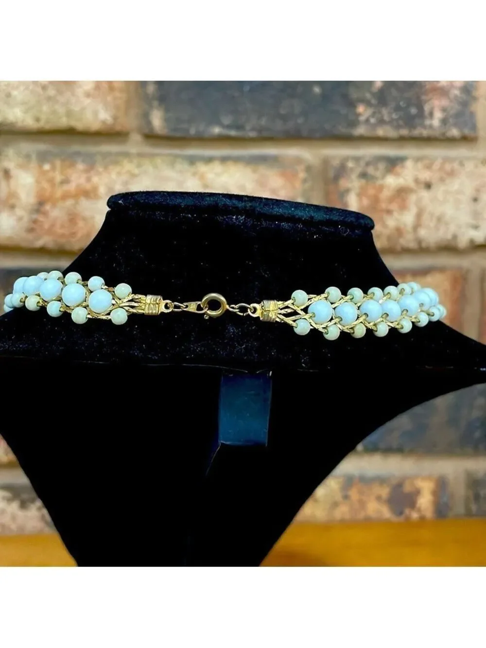 Korea Vintage 5 strand woven gold tone collar chain with white beads_4